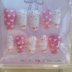 Pink and White Heart & Polka Dot Short Coffin Press-On Nails